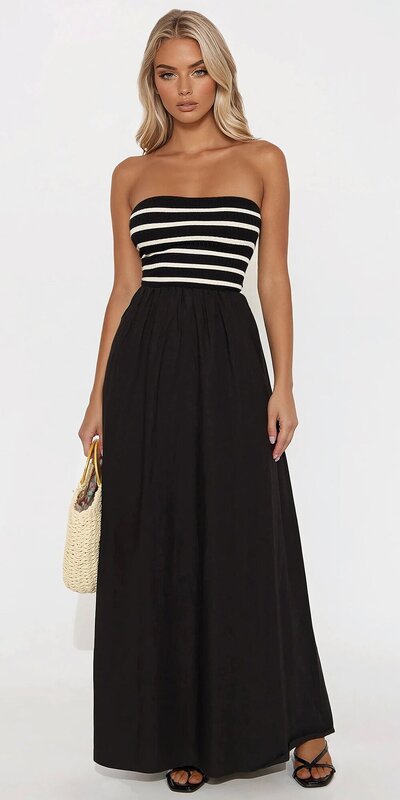 Čierne pruhované maxi šaty bez ramienok s popelínovou sukňou