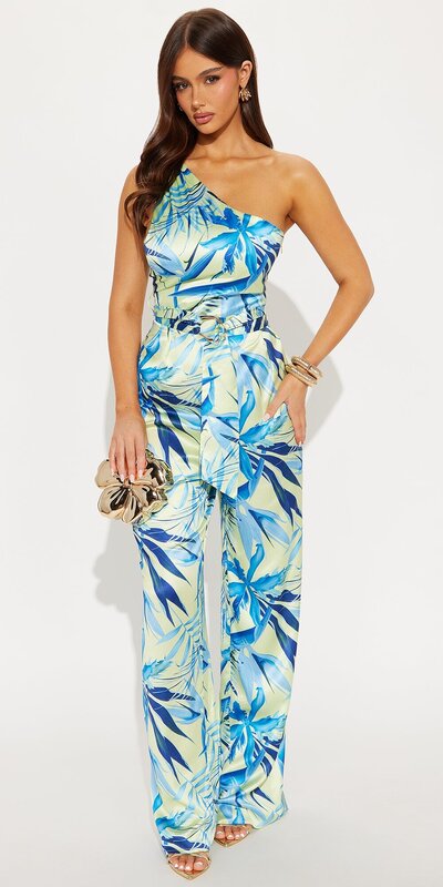 Saténový overal so širokými nohavicami v modrom vzore