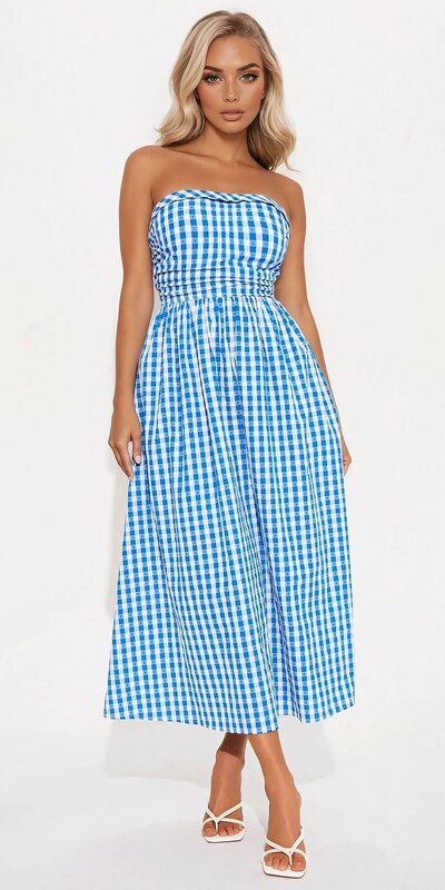 Modré kárované midi šaty bez ramienok s vreckami