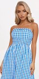 Modré kárované midi šaty bez ramienok s vreckami