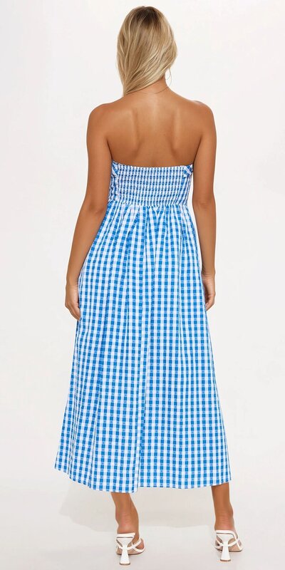 Modré kárované midi šaty bez ramienok s vreckami