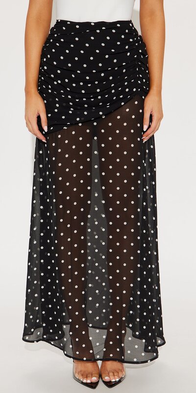 Čierno-biela maxi sukňa z jemného šifónu s bodkami