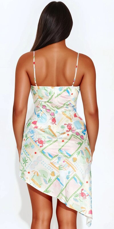 Asymetrické midi šaty s farebnou potlačou a tenkými ramienkami