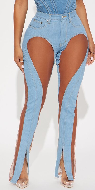 Svetlomodré bootcut rifle s vysokým pásom a sieťkovými detailmi