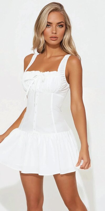 Biele popelínové mikro šaty s viazaním a štvorcovým výstrihom