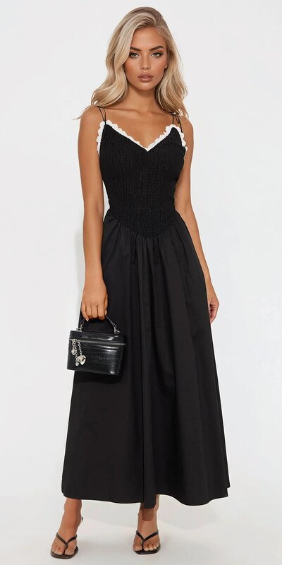 Čierno-biele popelínové maxi šaty s čipkou a pružným dekoltom