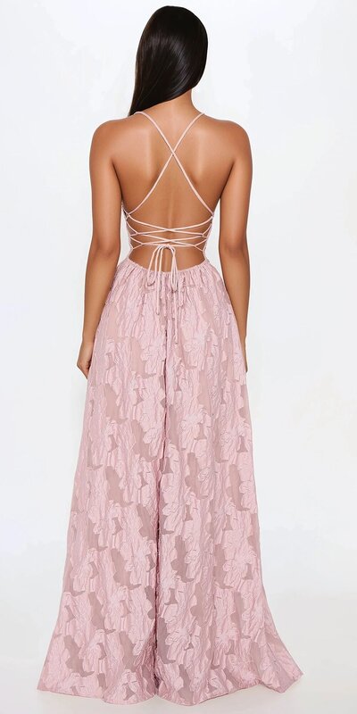 Výšivkové fialovoružové maxi šaty so šnurovaním na chrbte