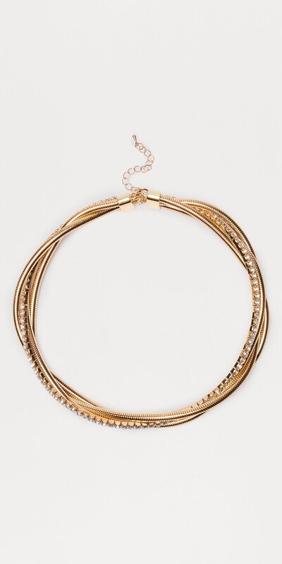 Zlatý choker náhrdelník s prepleteným trblietavým dizajnom