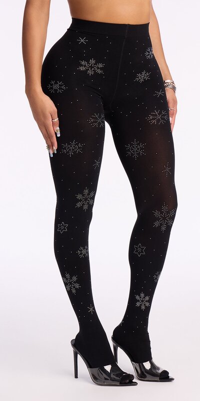 Čierne priesvitné pančuchy s kryštálikovými snehovými vločkami