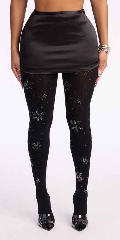 Čierne priesvitné pančuchy s kryštálikovými snehovými vločkami