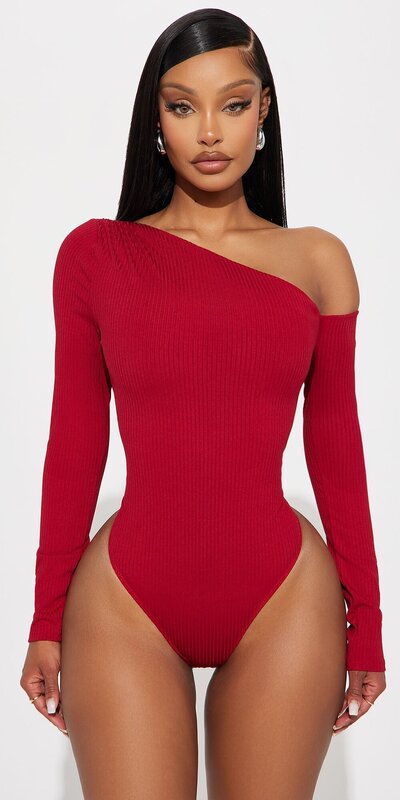 Bordové off-shoulder body s dlhými rukávmi