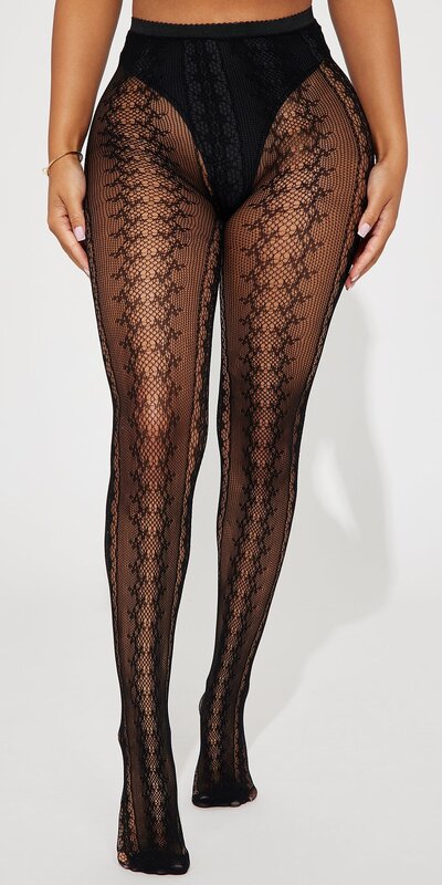 Čierne priesvitné pančuchy s elegantným dekoratívnym vzorom