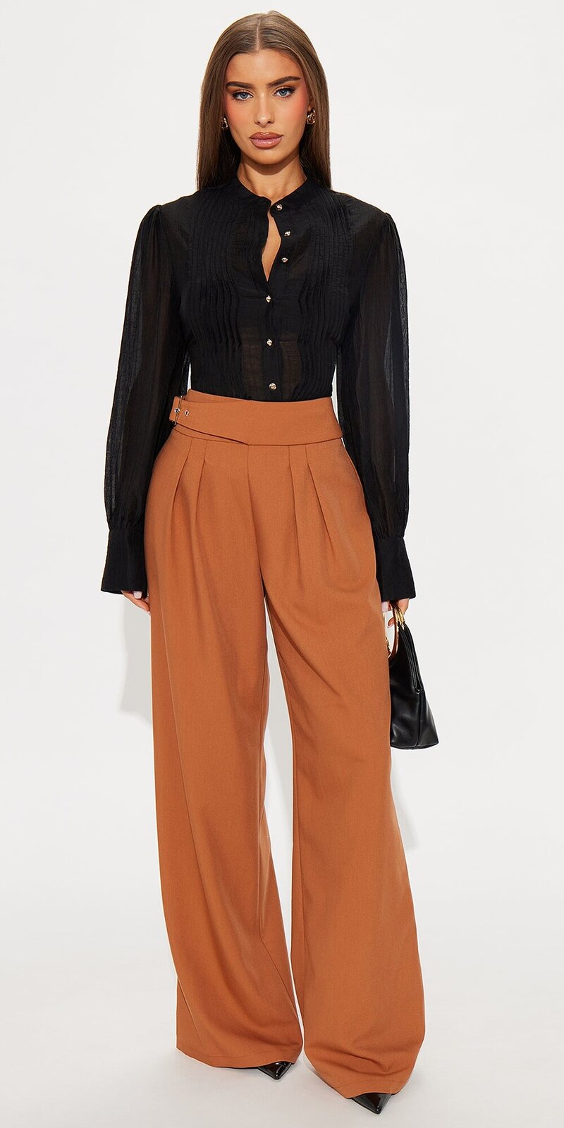 Široké nohavice s vysokým pásom v hnedej farbe