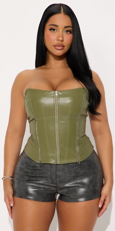 Korzetový top bez ramienok v olivovej farbe