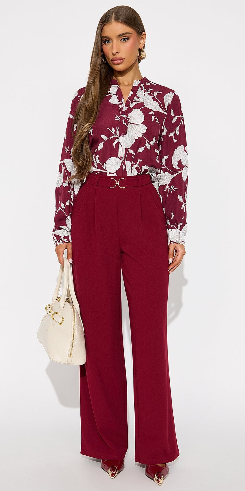 Úpletové nohavice so širokými nohavicami a pružným pásom v bordovej farbe