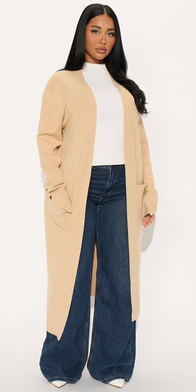Dlhý kardigán s viazaním a otvoreným strihom v béžovej farbe