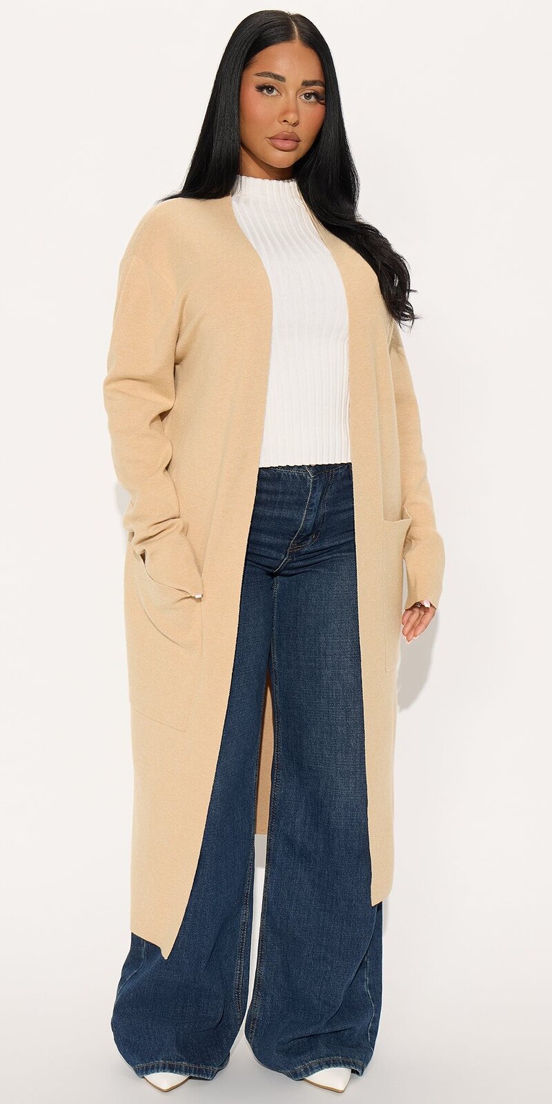 Dlhý kardigán s viazaním a otvoreným strihom v béžovej farbe