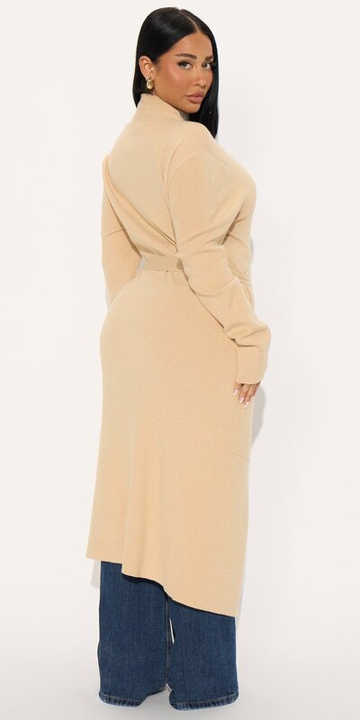 Dlhý kardigán s viazaním a otvoreným strihom v béžovej farbe