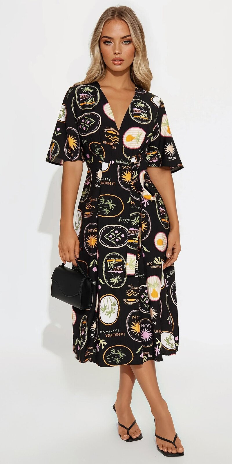 Čierne zavinovacie midi šaty s viazaním v páse