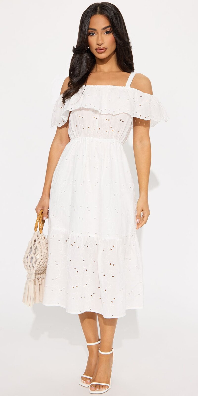 Midi šaty s madeirovým vzorom a štvorcovým výstrihom v bielej farbe