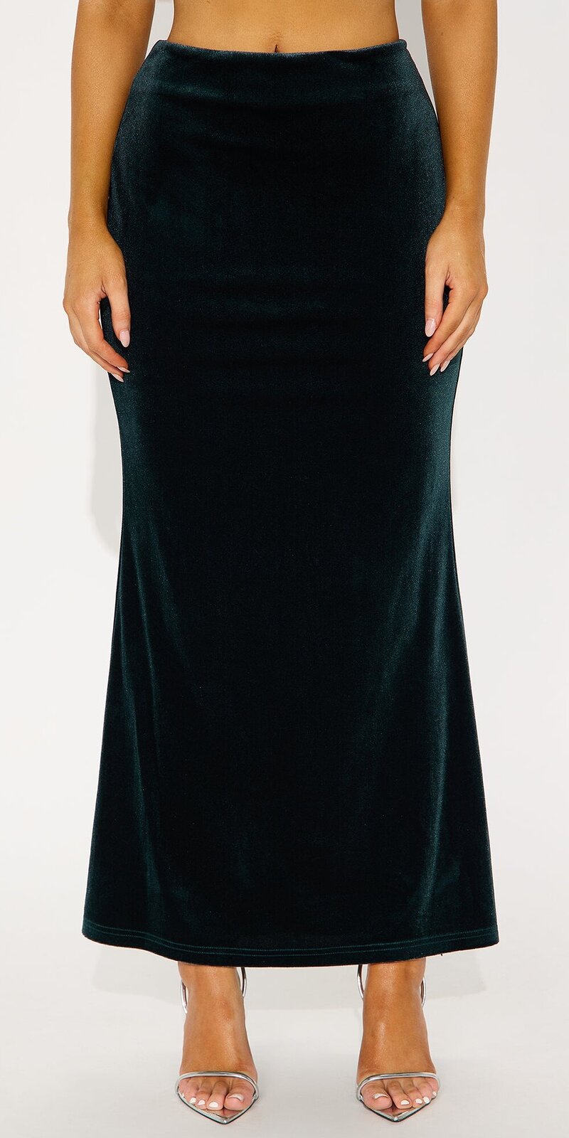 Zamatová maxi sukňa morského strihu s vysokým pásom v zelenej farbe