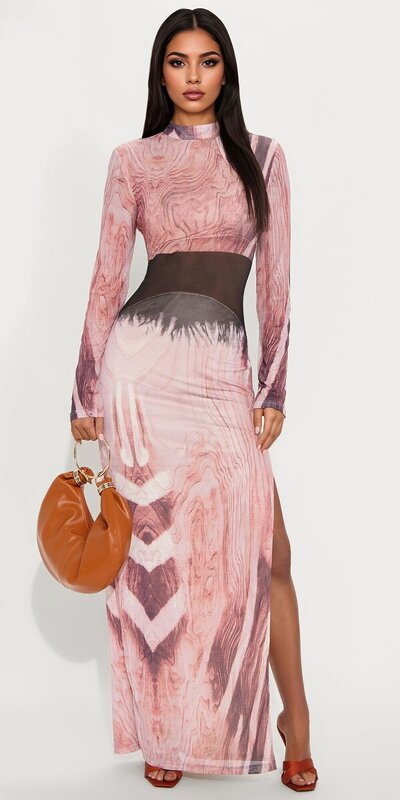 Maxi šaty s priehľadným efektom a stojačikom v ružovej farbe