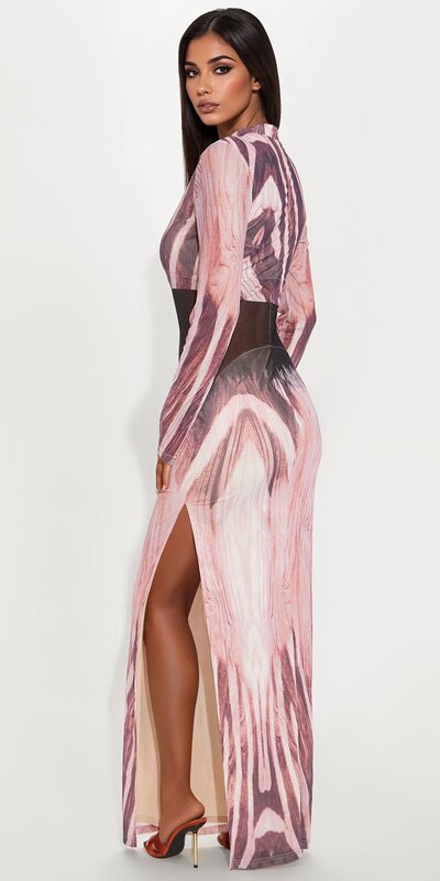 Maxi šaty s priehľadným efektom a stojačikom v ružovej farbe