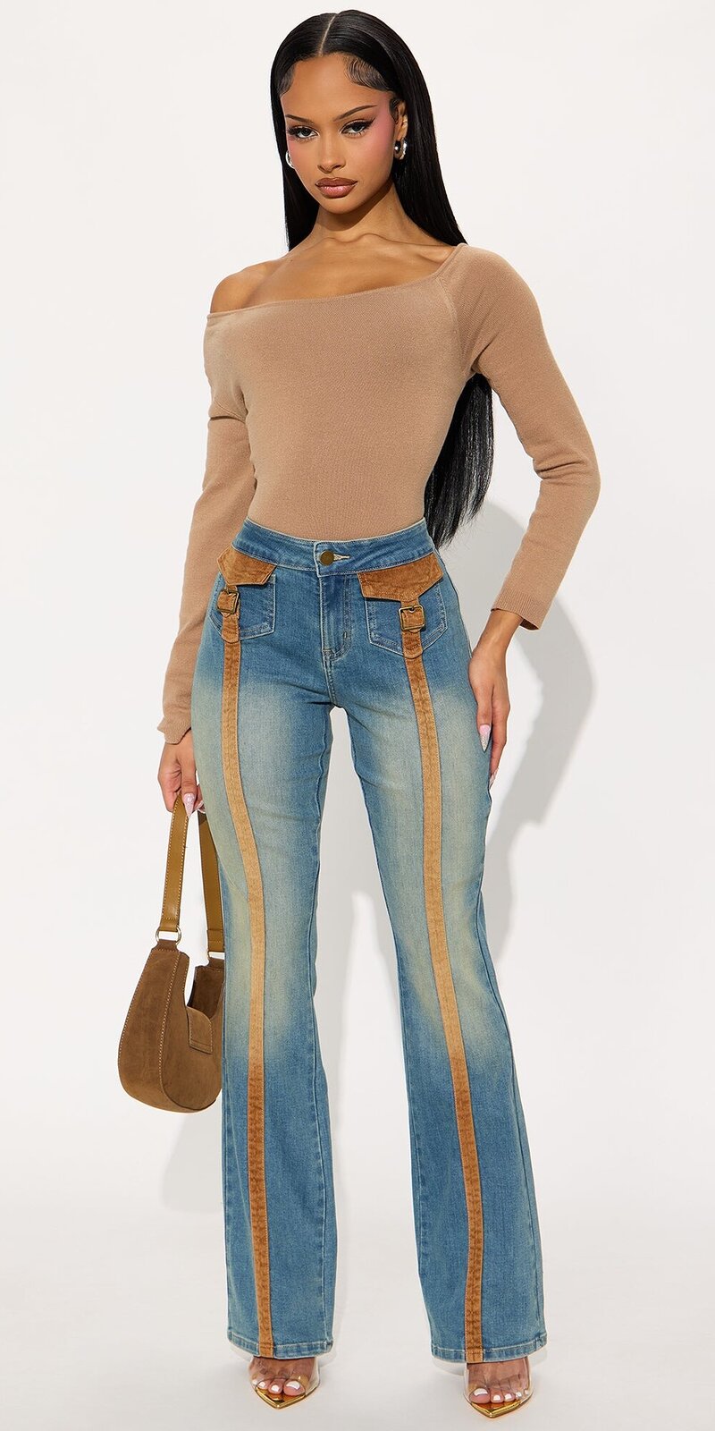 Bootcut rifle so stredným pásom v modrej farbe s vintage efektom