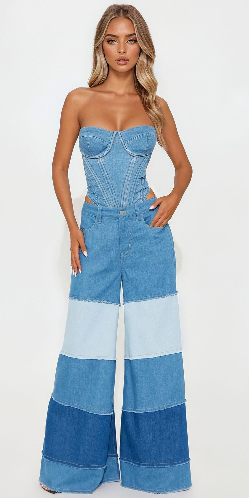 Široké rifle s vysokým pásom v modrej farbe s panelovým spracovaním