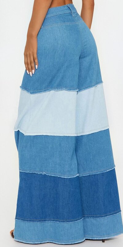 Široké rifle s vysokým pásom v modrej farbe s panelovým spracovaním