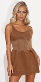 Rifľové micro mini šaty s korzetovým pásom v hnedej farbe