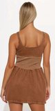 Rifľové micro mini šaty s korzetovým pásom v hnedej farbe