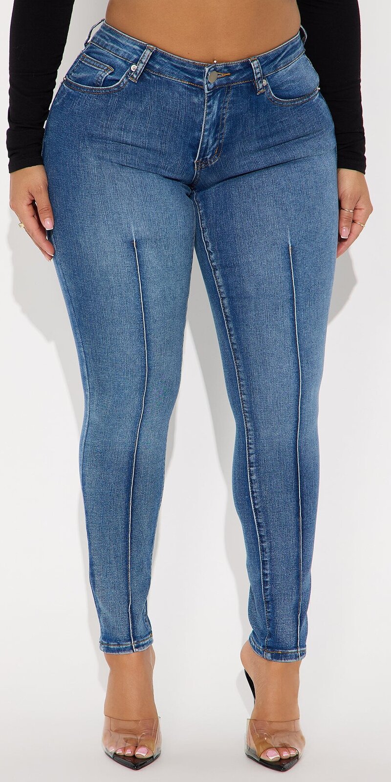 Skinny rifle s nízkym pásom a tvarujúcimi švami v modrej farbe