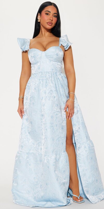 Maxi šaty s áčkovou siluetou a rozparkom v modrej farbe