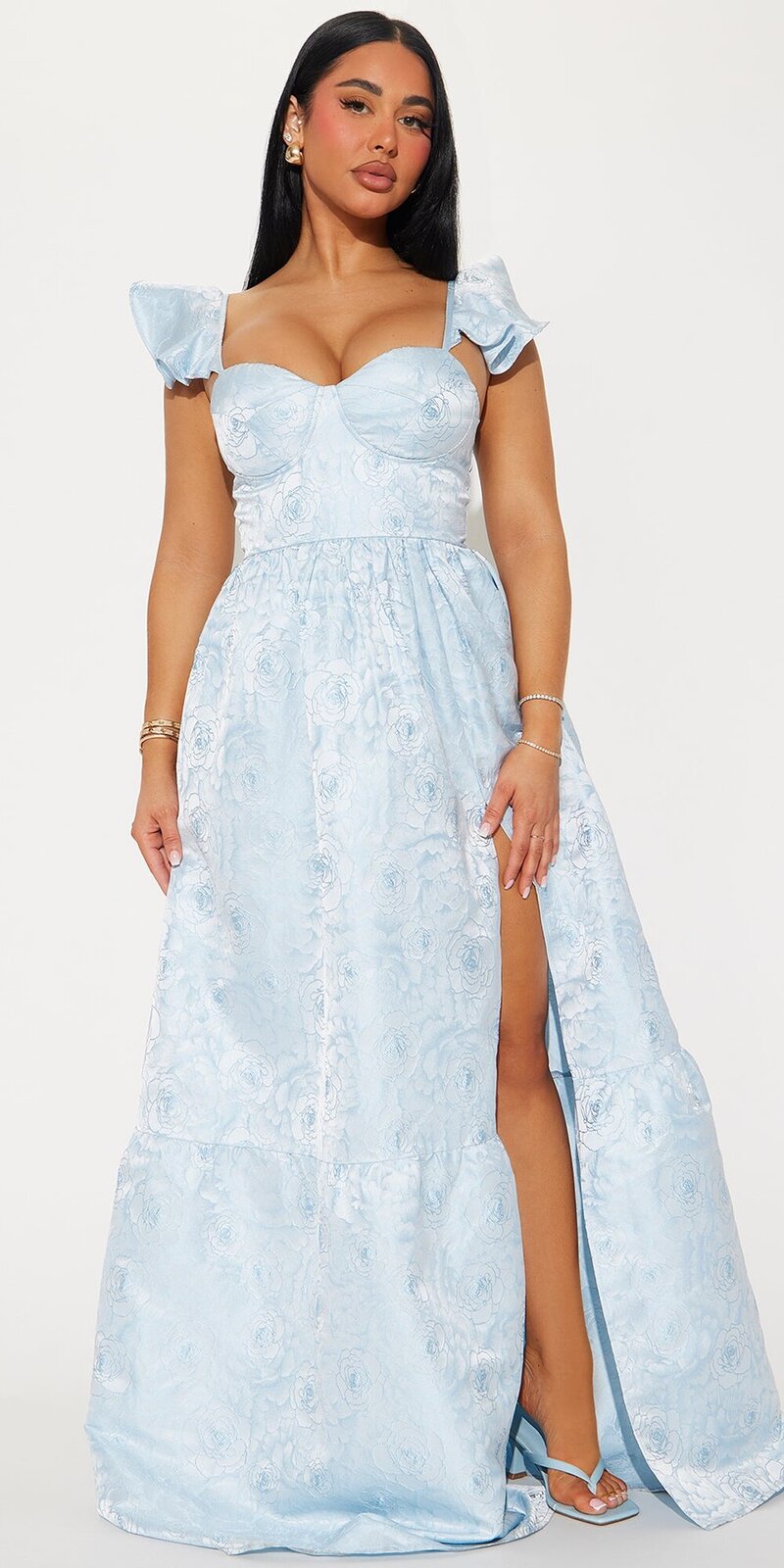 Maxi šaty s áčkovou siluetou a rozparkom v modrej farbe