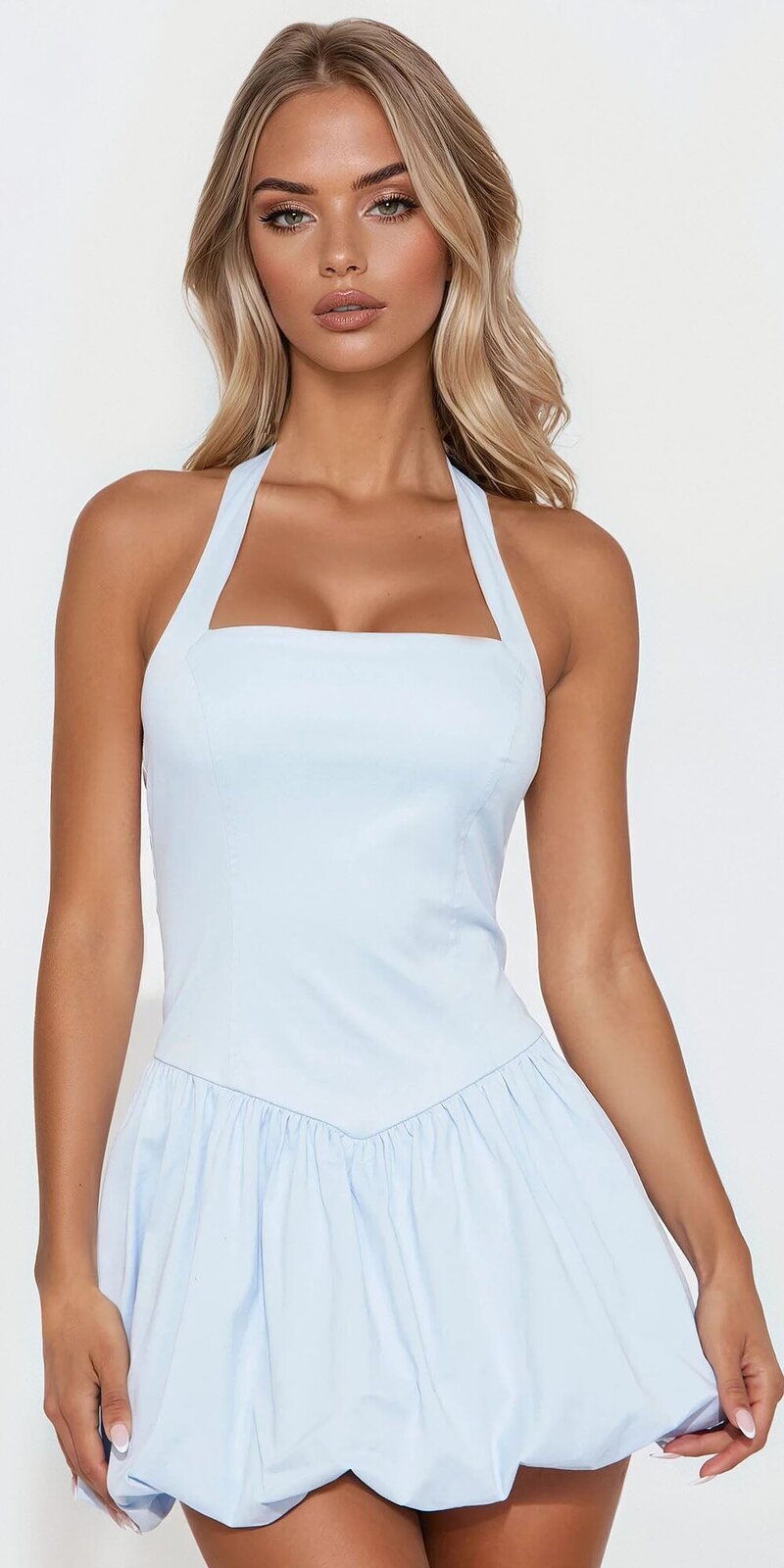 Mini šaty s hranatým výstrihom a balónovým lemom v modrej farbe