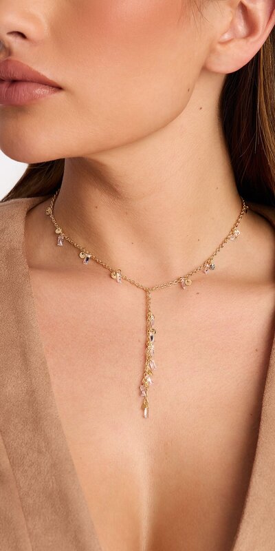 Lariat náhrdelník s kamienkami v zlatej farbe
