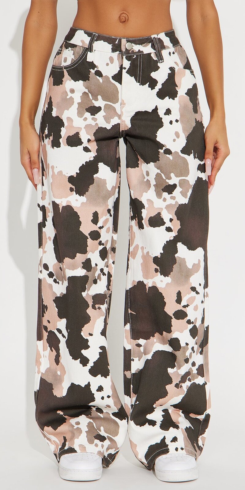 Džínsy so širokými nohavicami a potlačou v hnedej farbe