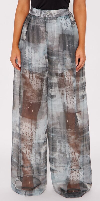 Organza nohavice so širokými nohavicami a abstraktnou potlačou v šedej farbe