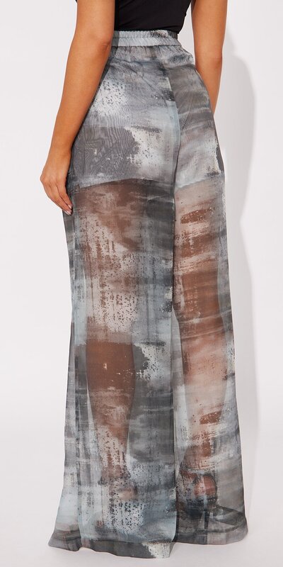 Organza nohavice so širokými nohavicami a abstraktnou potlačou v šedej farbe