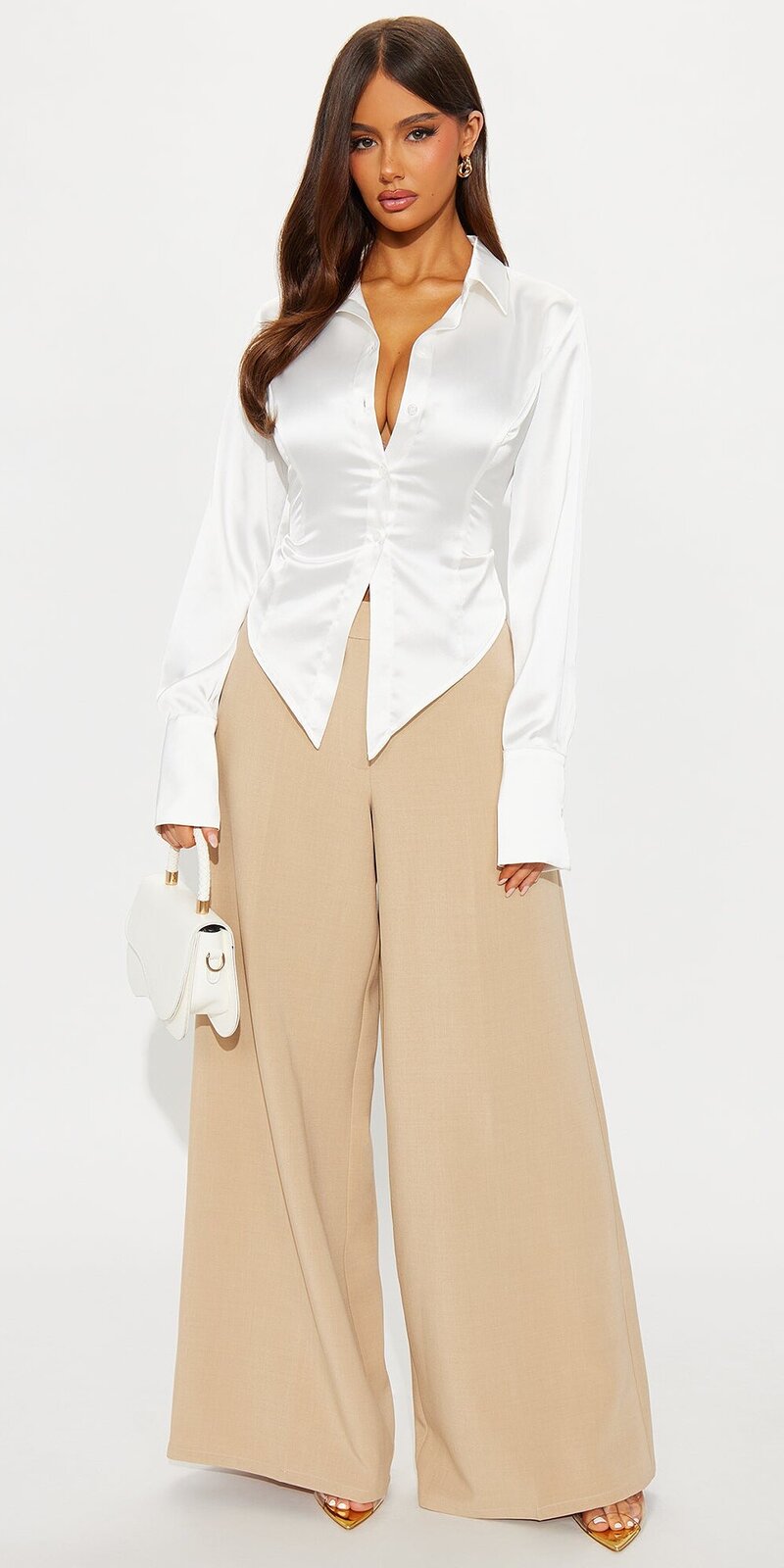 Elegantné nohavice so širokými nohavicami a vysokým pásom v béžovej farbe