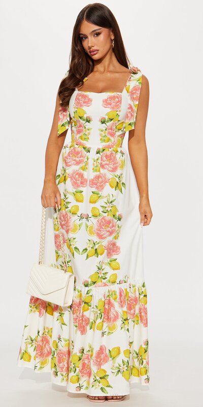 Maxi šaty s citrónovou potlačou a viazaním v bielej farbe