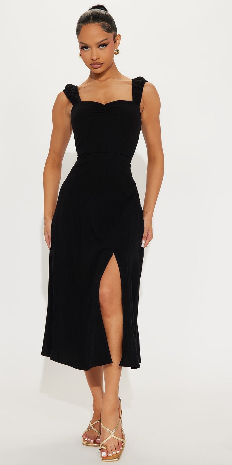 Ľanové midi šaty so šnurovaním na chrbte v čiernej farbe