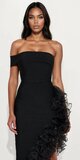 Asymetrické midi šaty s volánovým lemom v čiernej farbe