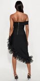 Asymetrické midi šaty s volánovým lemom v čiernej farbe