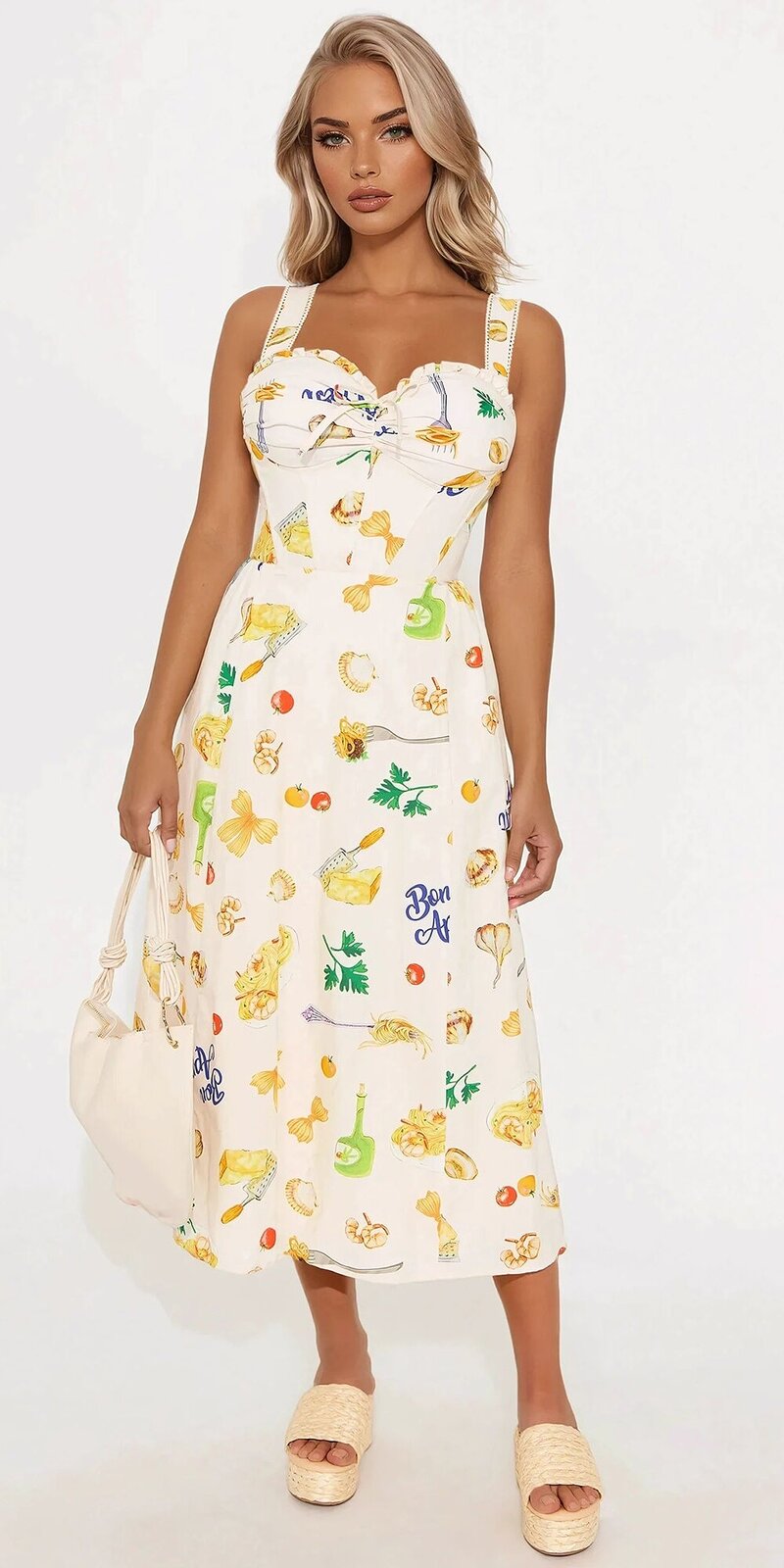 Midi šaty s korzetovým pásom a potlačou v béžovej farbe