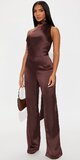 Saténový overal s halter výstrihom v hnedej farbe