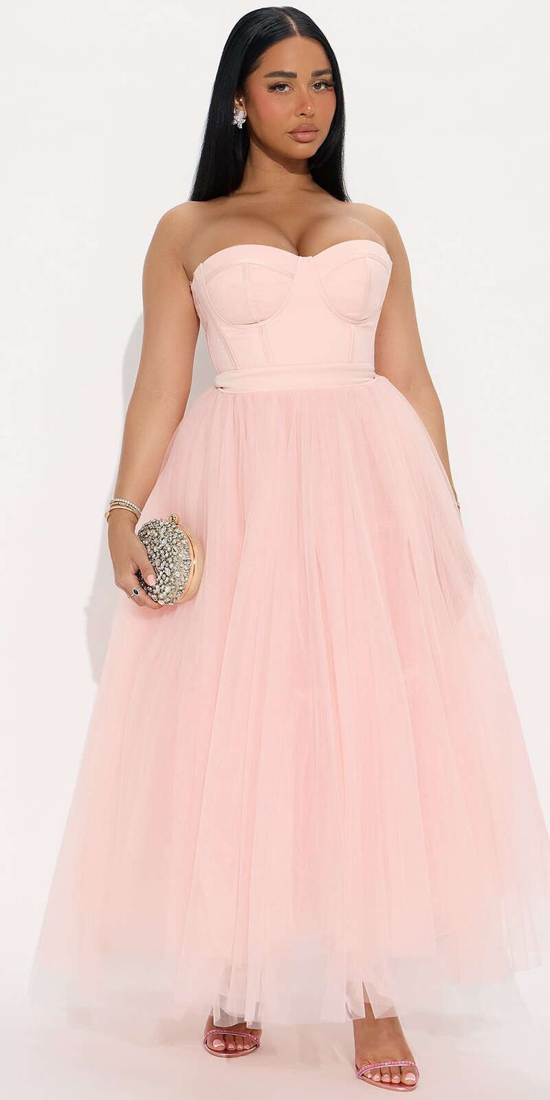 Tylové midi šaty s korzetovým pásom v ružovej farbe