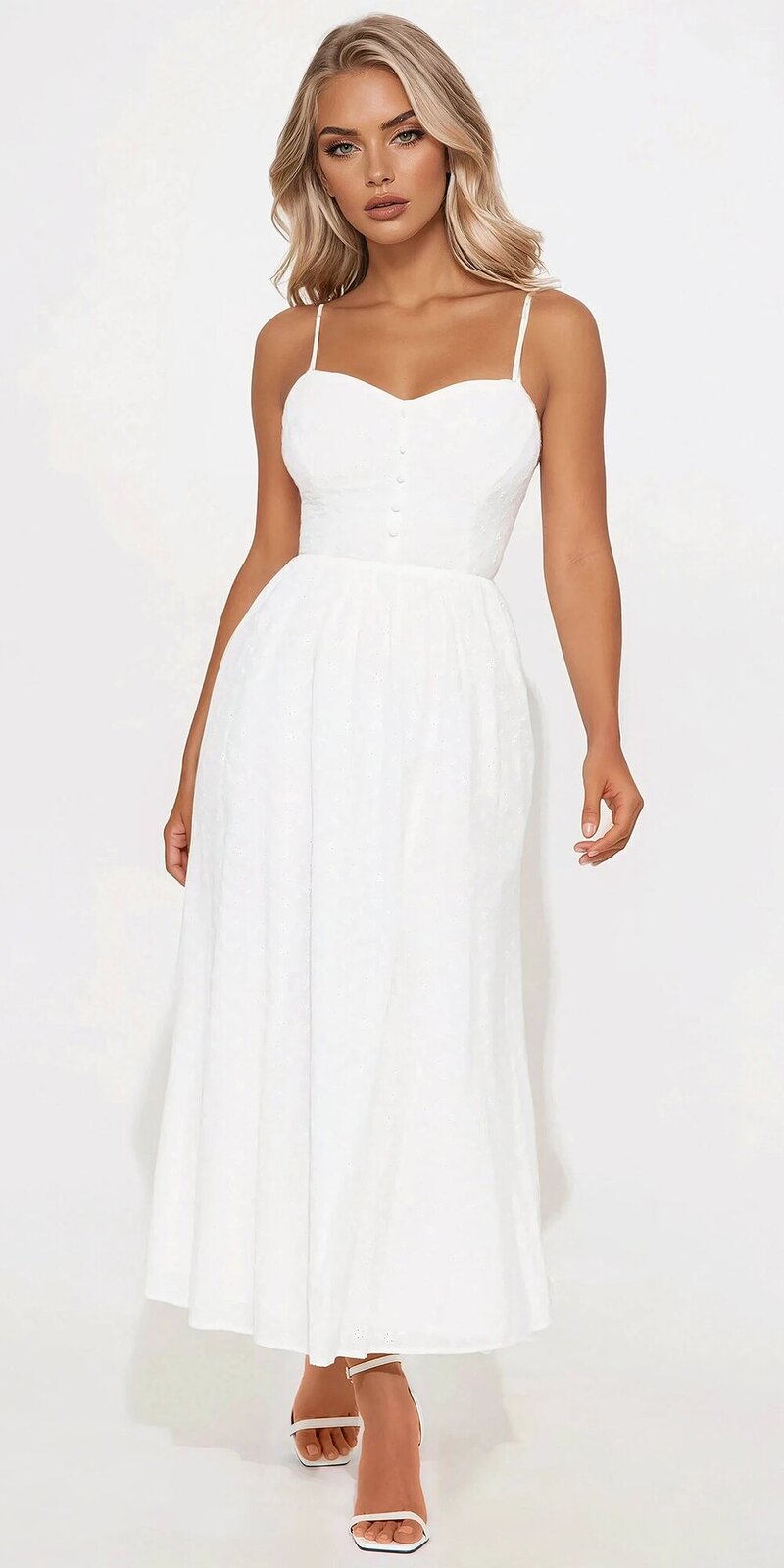 Romantické midi šaty s madeirou v bielej farbe