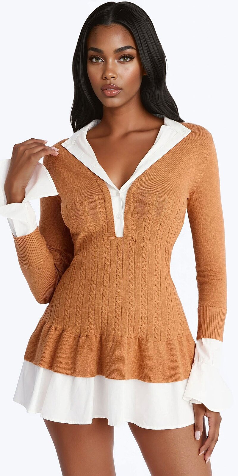 Hnedé pletené mini šaty s volánovým peplum strihom